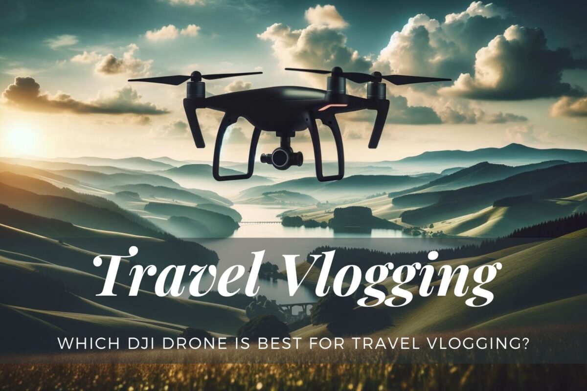 A new feature image, showcasing a majestic landscape with rolling hills and a serene lake, under a clear sky. In the foreground, the silhouette of a professional, high-tech drone is visible, characterized by a sleek and advanced design. This image should suitably represent the theme of professional travel vlogging and high-level aerial photography.