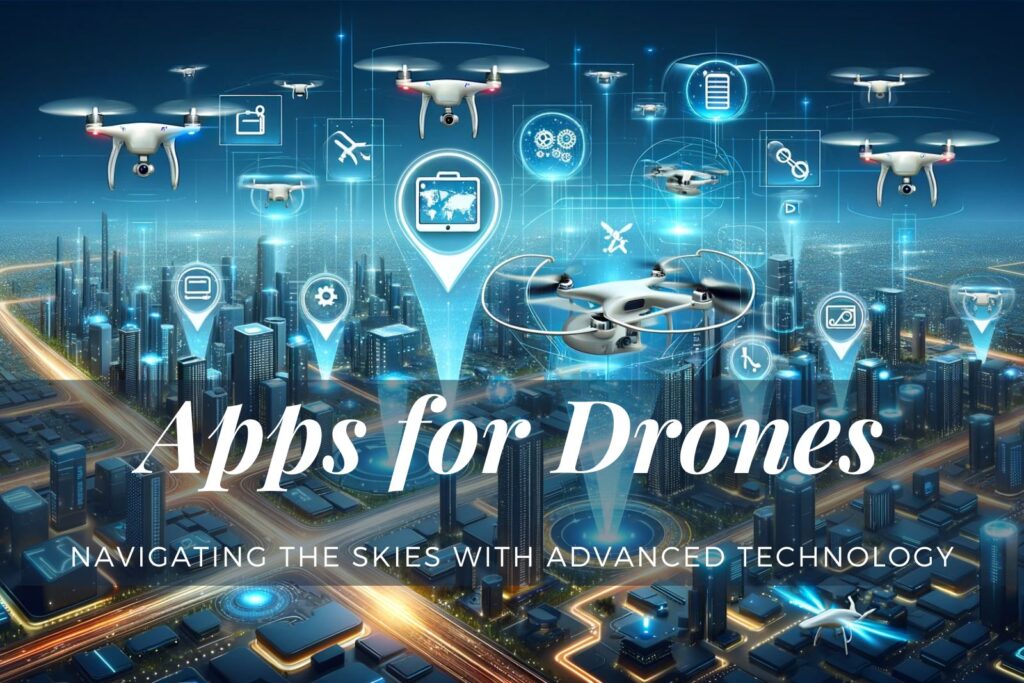 Futuristic cityscape with diverse drones displaying various applications in flight, representing advanced functionalities like mapping, photography, delivery, and surveillance.